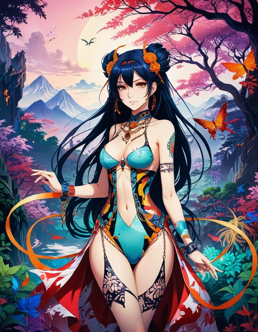 A captivating scene showcasing a diverse range of adult anime characters in a colorful, abstract landscape. Include intricate fetish art elements, such as chains, masks, and delicate tattoos, seamlessly blended into the background. Emphasize dynamic poses and expressions that convey both allure and curiosity. The overall color palette should be bold and vibrant, evoking a sense of fantasy and excitement. 3D art style with a soft focus effect.