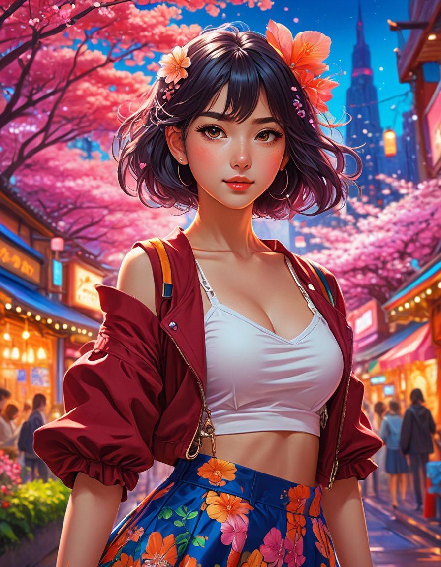 An eclectic assortment of artistic representations of anime girls with playful and mischievous expressions, set in a vibrant, fantastical world. They should be illustrated in a variety of outfits, ranging from playful to daring, surrounded by elements that reflect a mature theme, such as cherry blossoms and neon lights. The composition should be dynamic and captivating, drawing the viewer into the allure of the characters. Incorporate rich colors and intricate details to enhance the visual experience. digital painting. vibrant colors. dynamic composition.
