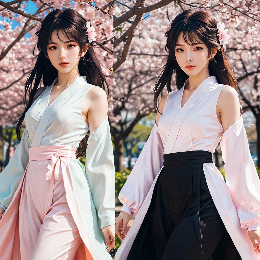 A captivating scene showcasing a transformation of a female anime character from innocent to seductive, depicted in a split image. One side shows her in a demure outfit with soft pastel colors, and the other side reveals her in a bold, alluring outfit with darker, more vivid colors. Surrounding her are iconic elements representing both innocence and seduction, like cherry blossoms and silk fabrics. The background features a dreamy blend of light and shadow to emphasize the evolution theme. super-realistic. vibrant colors. dynamic composition.
